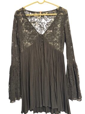 Free People Charcoal Lace Bell Sleeve Tunic Dress